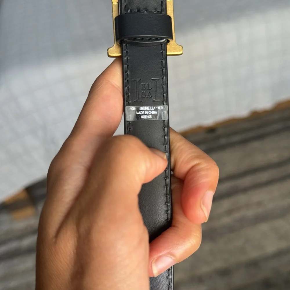 Helsa Black Logo Mini Belt with Gold Buckle